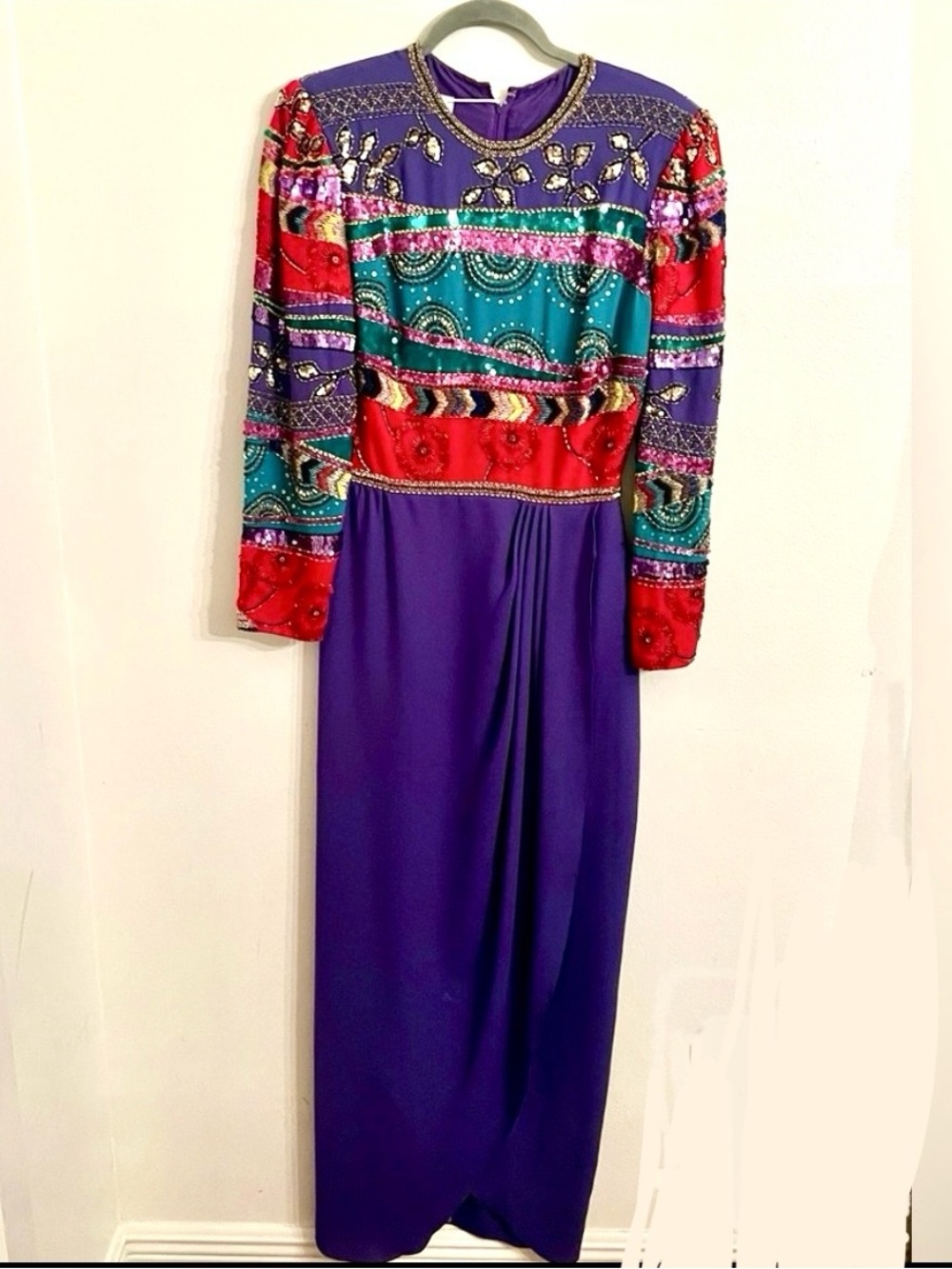 Jack Bryan Rare Vintage Stunning Colorful Long Sleeve Beaded Dress Gown Small